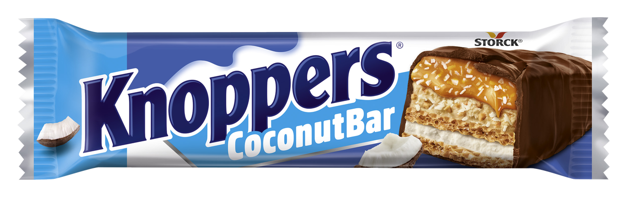 Knoppers CoconutBar 40g - Oplatky plněné mléčným krémem (14,4 %), kokosovým krémem s lískovými ořechy (17 %), kokosovými vločkami (6,5 %) a měkkým karamelem (26,1 %) máčené v mléčné čokoládě (29,5 %).