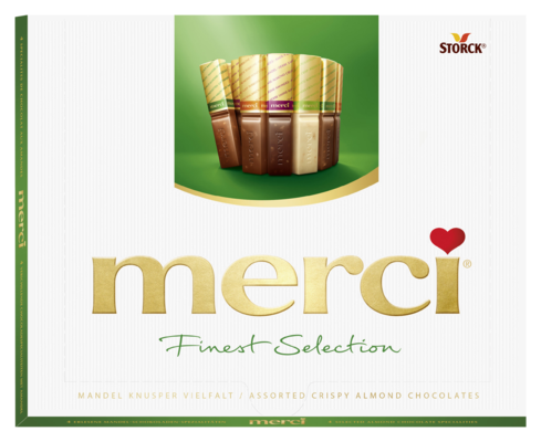 merci Finest Selection mandlová 250g - Kolekce čokoládových specialit s kousky mandlí (9,2%).