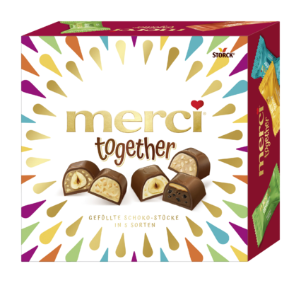 merci together - Kolekce plněných bonbonů z mléčné čokolády.