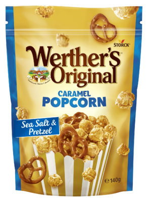Werther's Original Caramel Popcorn Sea Salt & Pretzel - Popcorn a preclíky (16 %) v polevě ze slaného smetanového karamelu (71 %)./Pukance a praclíky (16%) v poleve zo slaného smotanového karamelu (71%).