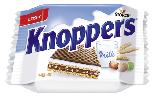 Knoppers - Wafers with a milk creme (30.2%) and a smooth hazelnut creme filling (29.4%)