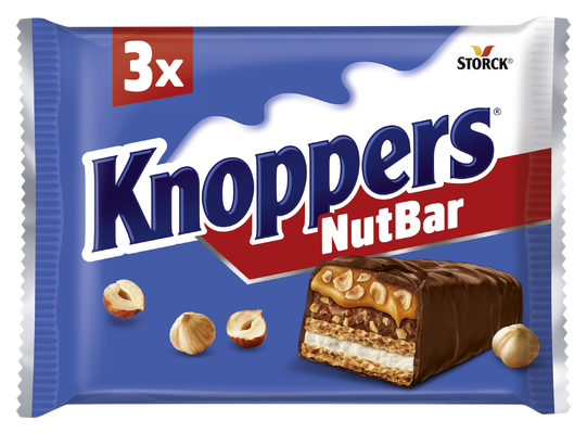 Knoppers NutBar 3 pieces - Milk chocolate (29.5%) with layers of wafer, smooth caramel (22.2%), milk creme (14.4%), soft nougat (14%) and chopped hazelnuts (13.4%)