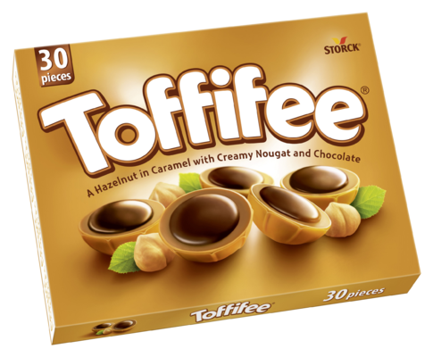 Toffifee 30 pieces - A Hazelnut (10 %) in a Caramel Cup (41 %) with Hazelnut Chocolate Filling (37 %) topped with Chocolate (12 %).