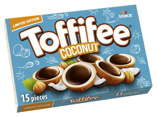 Toffifee Coconut 15 pieces - A Hazelnut (10%) in a Caramel Cup (41%) with Coconut Creme Filling (37%) topped with Chocolate (12%)