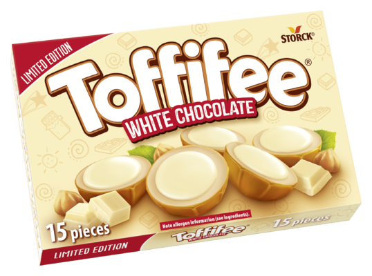 Toffifee White Chocolate 15 pieces - A Hazelnut (10 %) in a Caramel Cup (41 %) with Skimmed Milk-Crème Filling (37 %) topped with White Chocolate (12 %)