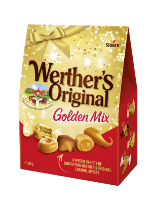 Werther's Original Golden Mix - An assortment of filled and unfilled caramel sweets and toffees covered with milk chocolate (30%)