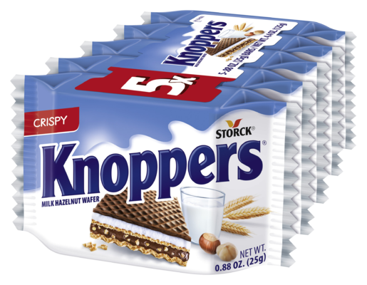 Knoppers 5 pieces - Five layer wafer bars with crispy baked wafers, milk, creamy hazelnut filling, and crunchy roasted hazelnut pieces, topped with a touch of cocoa.