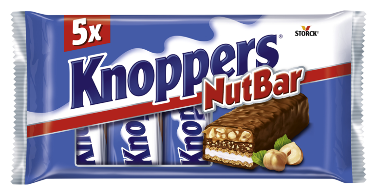 Knoppers NutBar 5 pieces - Reep met wafel, melkcrème (14,4%), hazelnootcrème (14%), gehakte hazelnoten (13,4%) en zachte karamel (22,2%) omhuld met volle melkchocolade (29,5%)