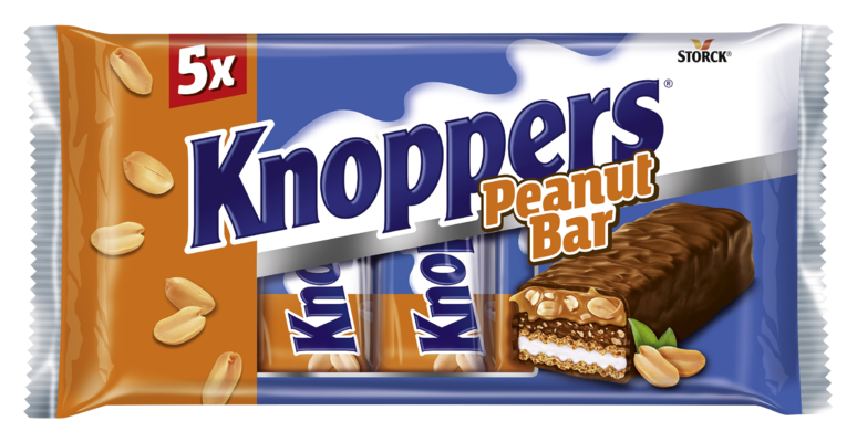 Knoppers NutBar Peanut 5 pieces - Reep met wafel, melkcrème (14,4%), pindacrème (14%), gezouten en gehakte pinda's/aardnoten (13,4%) en zachte karamel (22,1%) omhuld met volle melkchocolade (29,5%)