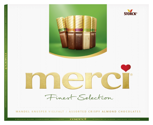 merci Finest Selection crispy 250g - Chocoladespecialiteiten met amandel (6,7%) en andere krokante stukjes.