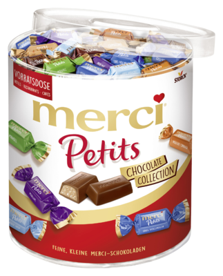 merci Petits Chocolate Collection Tin 1000g - Assortiment van niet-gevulde en gevulde chocoladespecialiteiten.