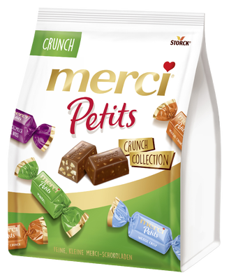 merci Petits Crunch Collection 200g - Assortiment van niet-gevulde en gevulde chocoladespecialiteiten.