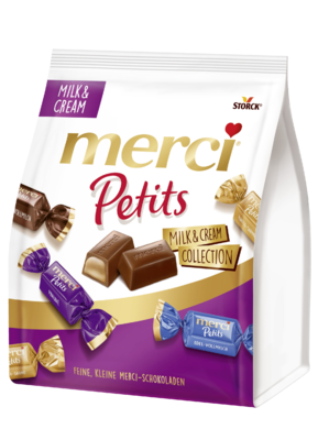 merci Petits Milk & Cream Collection 200g - Assortiment van niet-gevulde en gevulde chocoladespecialiteiten.