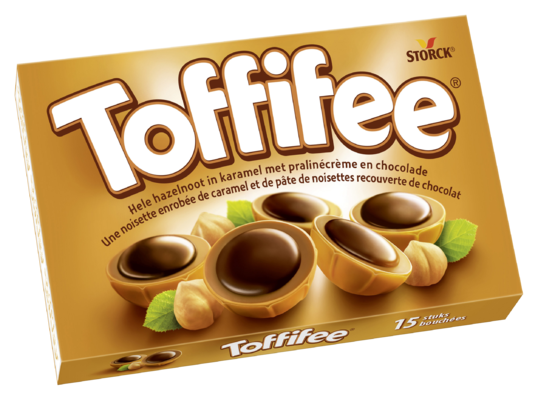 Toffifee 15 stuks - Hele hazelnoot (10 %) in caramel (41 %) met pralinécrème (37 %) en chocolade (12 %).