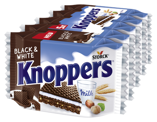Knoppers Black&White 5 pieces - Gevulde wafel (hazelnootcrèmevulling 29,8%, stukjes koek 1,6%, melkcrèmevulling 30,3%)