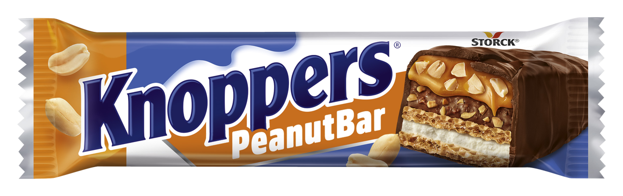 Knoppers PeanutBar - Reep met wafel, melkcrème (14,4%), pindacrème (14%), gezouten en gehakte pinda's/aardnoten (13,4%) en zachte karamel (22,1%) omhuld met volle melkchocolade (29,5%)