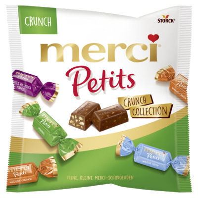 merci Petits Crunch Collection 125g - Assortiment van niet-gevulde en gevulde chocoladespecialiteiten.