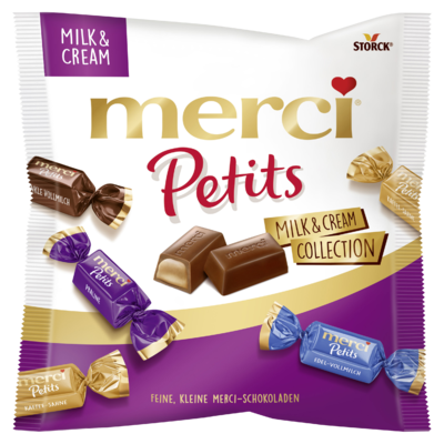 merci Petits Milk & Cream Collection 125g - Assortiment van niet-gevulde en gevulde chocoladespecialiteiten.