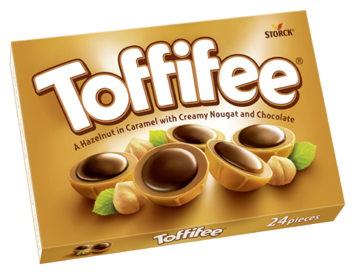 Toffifee 24 stuks - Hele hazelnoot (10 %) in karamel (41 %) met pralinécrème (37 %) en chocolade (12 %).