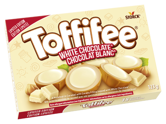 Toffifee White Chocolate - Une noisette enrobée de caramel avec une garniture crémeuse couronnée de chocolat blanc.