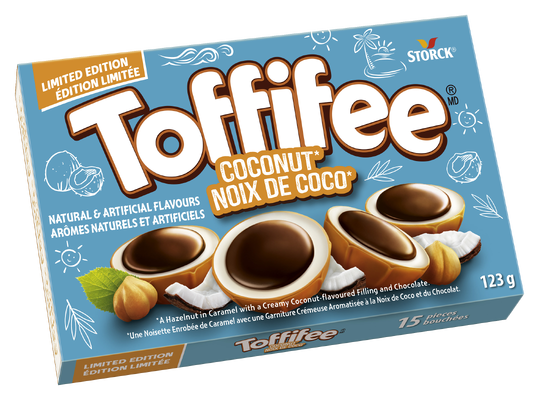 Toffifee Coconut 15 pieces - Une Noisette Enrobée de Caramel avec une Garniture Crémeuse Aromatisée à la Noix de Coco et du Chocolat.