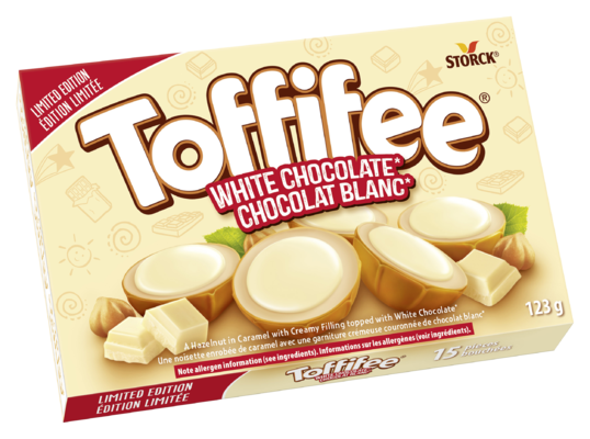 Toffifee White Chocolate 15 pieces - Une noisette enrobée de caramel avec une garniture crémeuse couronnée de chocolat blanc.