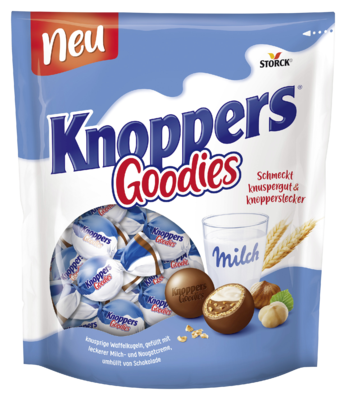 Knoppers Goodies - Boules de chocolat au lait entier, fourrées de crème de lait (19%), de crème de noisettes (15%) et de gaufrette (8,7%)