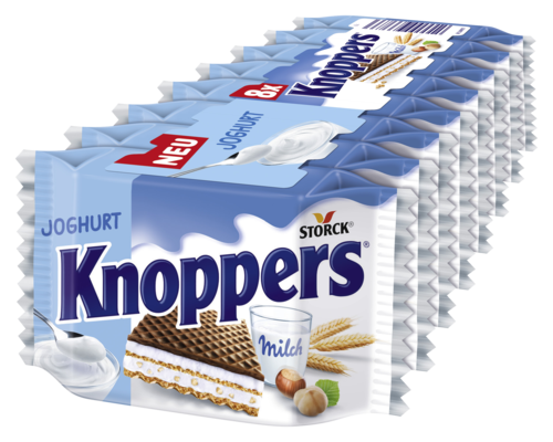 Knoppers Joghurt 8 pièces - Gaufrette fourrée (crème de yogourt 32,4% avec des noisettes hachées, crème de lait 30,2%)