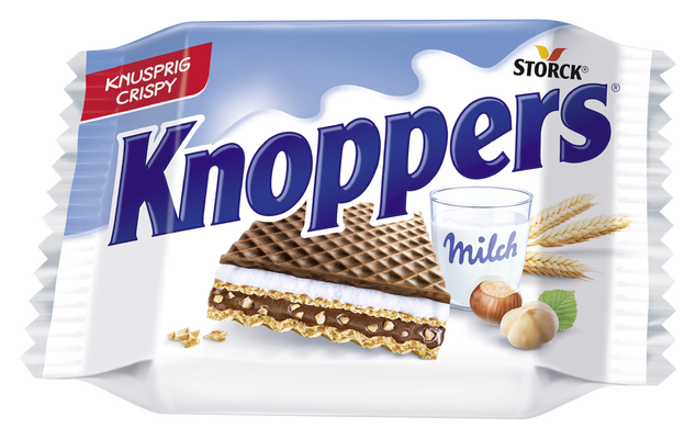 Knoppers - Gaufrette fourrée (fourrage au lait 30,3%, fourrage à la pâte de noisettes 29,4%)
