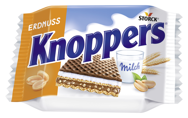 Knoppers Erdnuss 1 pièce - Gaufrette fourrée (crème de cacahuètes 26,7% avec des cacahuètes salées, hachées 8,9%, crème de lait 30,3%)