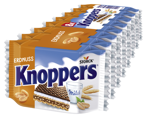 Knoppers Erdnuss 8 pièces - Gaufrette fourrée (crème de cacahuètes 26,7% avec des cacahuètes salées, hachées 8,9%, crème de lait 30,3%)