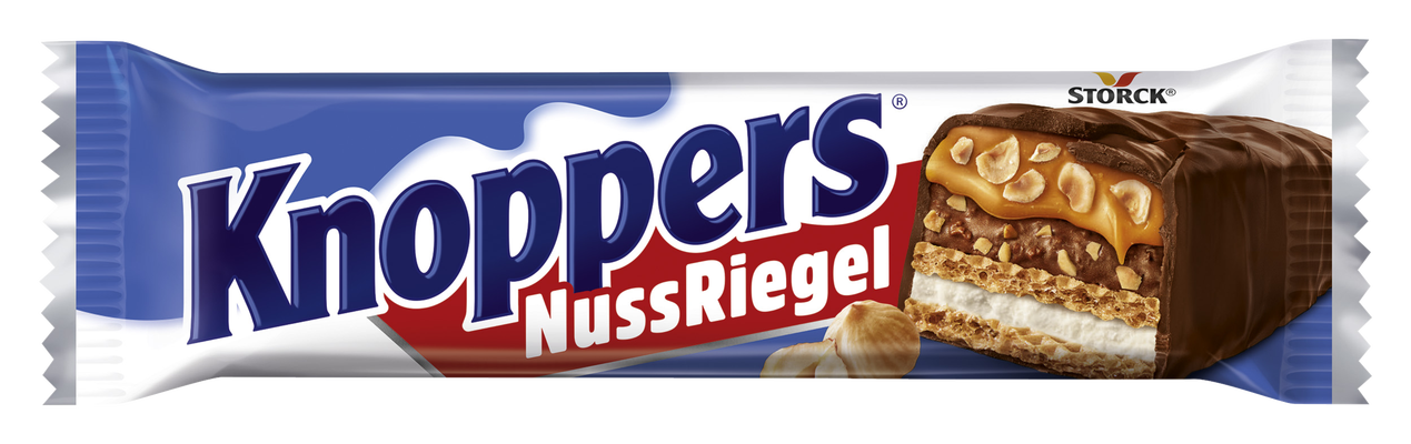 Knoppers NussRiegel 1 pièce - Gaufrette à la crème de lait (14,4%), crème de noisettes (14%), noisettes hachées (13,4%) et caramel mou (22,2%), enrobée de chocolat au lait entier (29,5%)