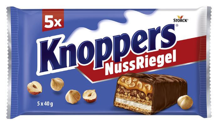 Knoppers NussRiegel 5 pièces - Gaufrette à la crème de lait (14,4%), crème de noisettes (14%), noisettes hachées (13,4%) et caramel mou (22,2%), enrobée de chocolat au lait entier (29,5%)