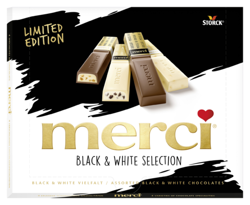 merci Black & White - Spécialités de chocolats fourrés et non-fourrés.