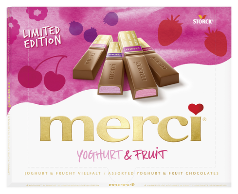 merci Sélection Yoghurt & Fruit - Spécialités de chocolat au lait entier, fourré de crème de yogourt au goût de fruits (45%).