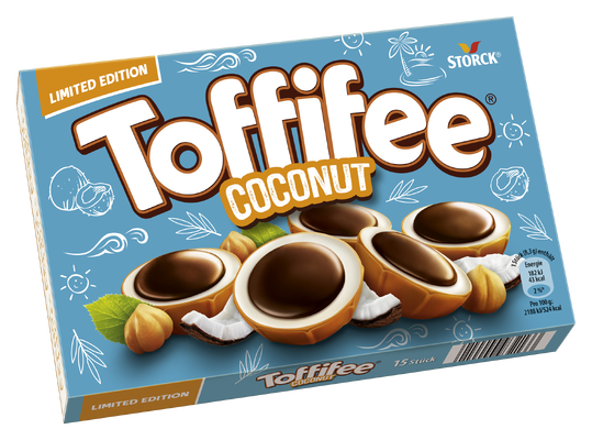 Toffifee Coconut 15 pièces - Une noisette (10%) enrobée de caramel (41%) et de crème de coco (37%), recouverte de chocolat (12%)