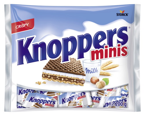 Knoppers minis - Gaufrette fourrée (fourrage au lait 30,2%, fourrage à la pâte de noisettes 29,4%)