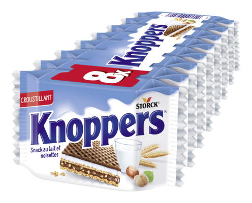 Knoppers 8 pieces - Gaufrette fourrée (fourrage au lait 30,2%, fourrage à la pâte de noisettes 29,4%)
