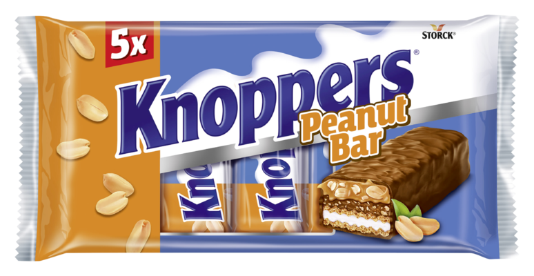 Knoppers NutBar Peanut 5 pieces - Barre avec gaufrette, fourrage de lait (14,4 %), fourrage d’arachide (14 %), arachides salées et hachées (13,4%), et du caramel (22,1%), enrobée de chocolat au lait entier (29,5%).