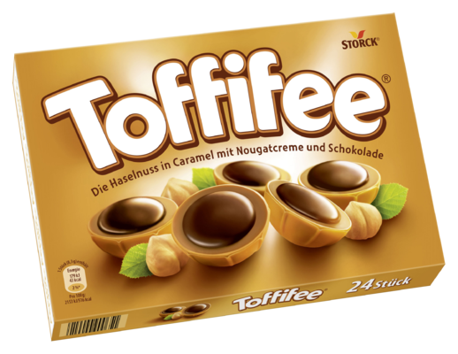 Toffifee 24 Stück - Die Haselnuss (10 %) in Caramel (41 %) mit Nougatcreme (37 %) und Schokolade (12 %).