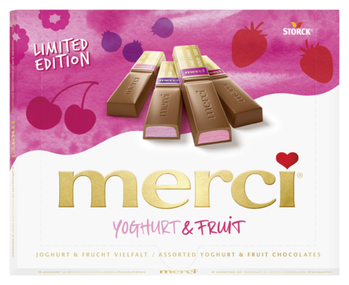 merci Vielfalt Yoghurt & Fruit - Edel-Vollmilchschokoladen-Spezialitäten mit Joghurtcremefüllungen mit Fruchtgeschmack (45%).