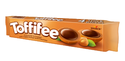 Toffifee 4 Stück - Die Haselnuss (10 %) in Caramel (41 %) mit Nougatcreme (37 %) und Schokolade (12 %).