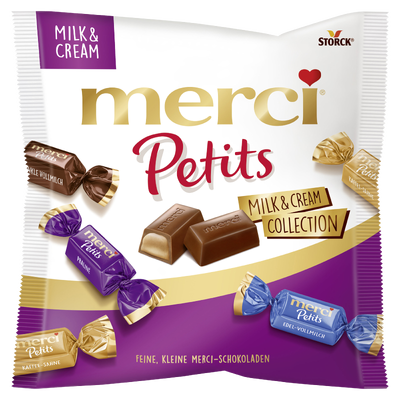 merci Petits Milk & Cream Collection 125g - Mischung von nicht gefüllten und gefüllten Schokoladen-Spezialitäten.