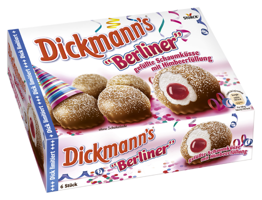 Dickmann's Berliner - Schaumküsse (Schaumzuckerwaren) mit Himbeerfüllung (10%), kakaohaltiger Fettglasur (24,5%) sowie Kokosraspel
 (4,9%)