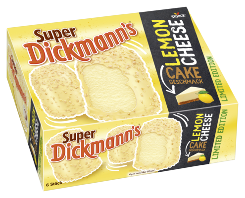 Super Dickmann's Lemon Cheesecake - Schaumküsse (Schaumzuckerwaren) überzogen mit weißer Fettglasur (21,9%), Gebäckstückchen und Zitronen-Käsekuchengeschmack