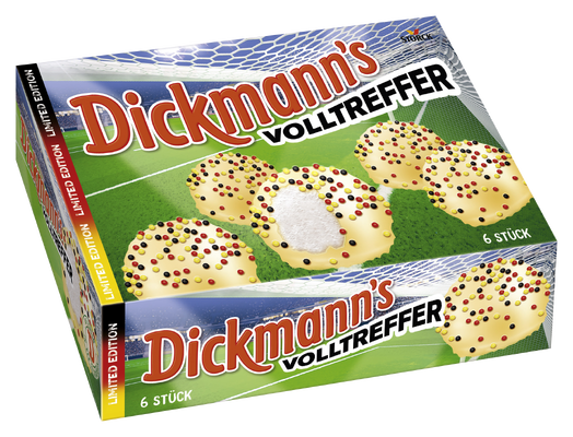 Dickmann's Volltreffer - Schaumküsse (Schaumzuckerwaren) mit weißer Fettglasur (18%) und bunten, dragierten Reis-Crisps