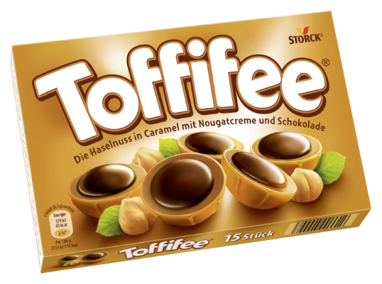 Toffifee 15 Stück - Die Haselnuss (10 %) in Caramel (41 %) mit Nougatcreme (37 %) und Schokolade (12 %).