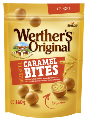 Werther's Original Blissful Bites Crunchy Malt - Karamell-Konfekt gefüllt mit Weizenvollkorn-Crisp (21%) mit Malz und einem Hauch Salz