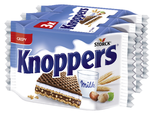 Knoppers multipack 3 x 25g - Töltött ostya kakaós tejbevonóval félig mártva (tejes töltelék 30,2%, mogyorókrém töltelék 29,4%)