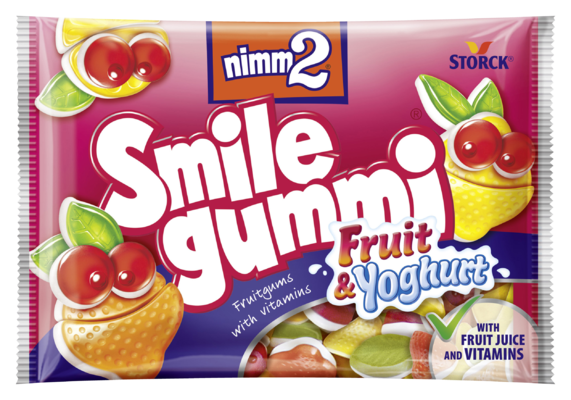 nimm2 Smilegummi - gyümölcsös-joghurtos - Vegyes gyümölcs ízű gumicukorka joghurtos réteggel (40%) és vitaminokkal